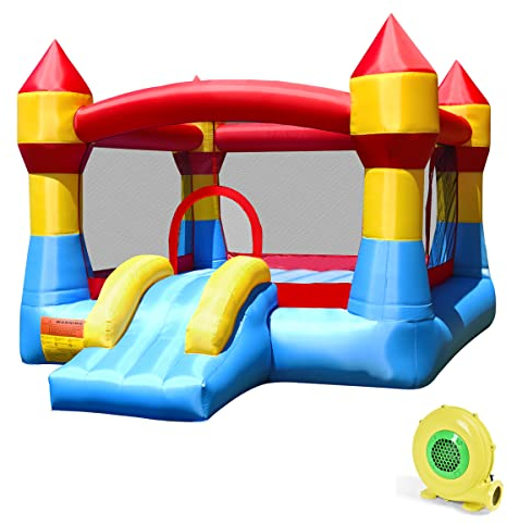 COSTWAY Hüpfburg mit Gebläse, Rutsche und großem Sprungbereich, Kinder Springburg für Indoor & Outdoor, inkl. Tragetasche, Reparaturset, 370 x 280 x 230 cm