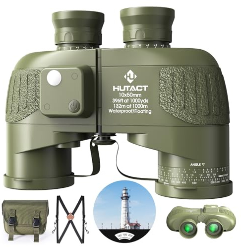 HUTACT Fernglas Erwachsene mit Entfernungsmesser und Kompass: 10x50 Profi Marine Ferngläser Wasserdicht mit BAK-4 FMC für Nachtsicht - Geschenk für Navigation, Jagd, Vogelbeobachtung, Wandern