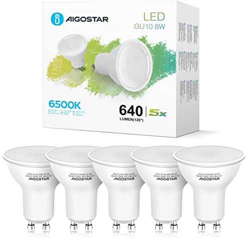 Aigostar GU10 LED Kaltweiß 8W LED Leuchtmittel, Glühbirnen 640 Lumpe 6500K, Abstrahlwinkel 100-120 Grad, Kaltweiss Lampe Strahler Flimmerfrei nicht Dimmbar Reflektorlampe 5er-Pack