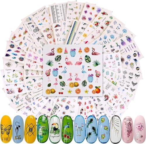 PHOGARY 60 Hojas Pegatinas al Agua para Uñas Florales Calcomanía Decorativas, 3D Stickers Mixto para Mujeres Niñas Uñas de Gel Diseño de Arte - Flor Mariposa Flamenco Hojas Gato