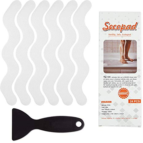 Secopad Autocollants de Douche antidérapants 24 PCS Bandes de Baignoire de sécurité Autocollants adhésifs avec grattoir de qualité supérieure pour escaliers de Douche de Baignoire (Transparent)