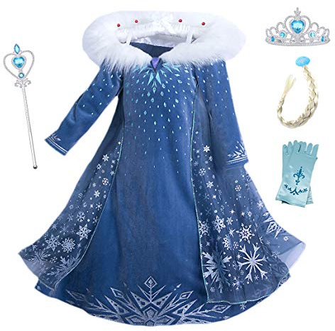Eleasica Bambine e Ragazze Vestito Principessa Elsasica Abiti Regalo Natale Compleanno Festa Carnevale Costumi per Bambini Manica Lunga Accessori Treccia Guanti Corona Bacchetta Magica,Blu 4,140