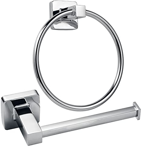 YUET Silver Chrome Square Bathroom Toilet Roll Paper Holders Tissue Holder & Towel Ring Bar Accessories 2 Pieces Stainless Steel Hardware Set (Silver)
