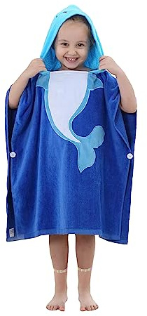 TONWHAR Kids Bath/Pool/Beach Hooded Poncho Towel - Cartoon Animal Pattern Cotton Beach Towel for Toddler Boys Girls, 1-5 Years (Whale)
