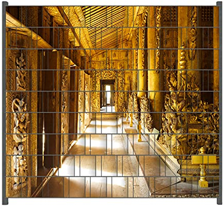 Wallario Zaun Sichtschutz Windschutz für EIN- und Doppelstabmattenzäune in der Größe Breite 2,00m x Höhe 1,80m, Motiv: Buddhistischer Tempel aus Holz - Mandaley