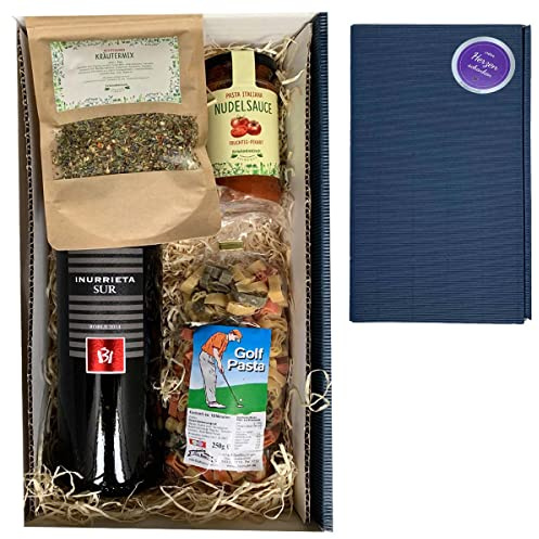 Geschenkset Golf mit Wein, Nudeln, Sauce und Kräutermix // Feinkostgeschenk Golfer