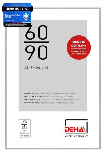 DEHA Design Aluminium Bilderrahmen Tribeca, 60 x 90 cm, Silber | Aluminium Posterrahmen im Hoch- & Querformat zum Aufhängen Silber gebürstet bruchsicheres Kunstglas