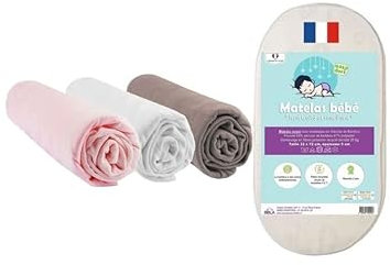 Easy Dort - Colchón (32 x 72 cm, ovalado y 3 sábanas de bambú, para cuna, capazo, cochecito o cuna, muy cómodo, doble cara, fabricación Francia y UE, Oeko tex® |