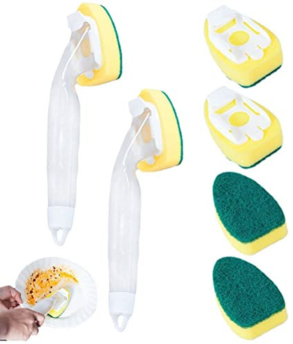 bopely 2pcs Dish Wand Soap Sponge Dishwashing Brush with Button Handle 4 Refills Replacement Head for Kitchen Sink Cleaning