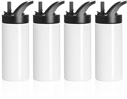 PYD Life Lot de 4 bouteilles d'eau vierges en acier inoxydable pour enfants avec couvercle à bec verseur et paille pour presse à chaud, impression par sublimation - 473,6 g - Blanc