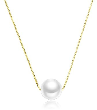 Hmzidz Kette Halskette mit Einer Perle Gold Schwebende Kette Damen Silber 925 mit Anhänger Perle Perlenkette Modeschmuck für Frauen und Mädchen(8mm)