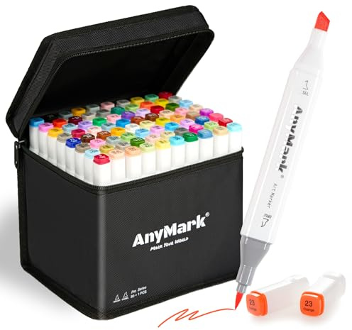AnyMark Pennarelli ad Alcool con Punta a Pennello, 80 + 1 Colori, Doppia Punta, Pennello e Scalpello, Set di Pennarelli Artistici a Base di Alcol, con Custodia, per Disegnare e Colorare