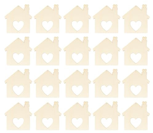 fanelod Holzhaus-Ausschnittornamente, unvollendete hausförmige Holzausschnitte | 20 Stück Holzschild in Hausform,Hohles Herz-Design-Ornament für Zuhause, Fenster, Baumschmuck