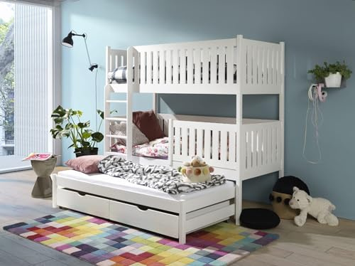 KEF Julia Etagenbett Kinder 80x180 cm - Etagenbett 3 Personen - Holz Kinderbett - für DREI Kinder - mit Schubladen - Ausziehbares Drittes Bett - ohne Matratze - Weiß - Leiter Rechts