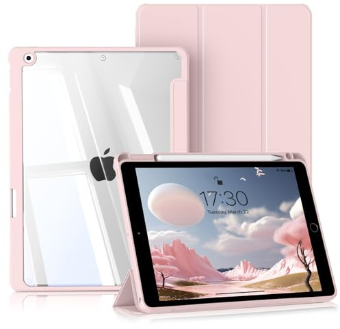 BQDIYOO Hülle für iPad 9. Generation, iPad 8./7. Generation Hülle 10.2 Zoll 2021/2020/2019, Transparentes Hardcase mit Stifthalter, Auto Schlafen/Wache, Rosa