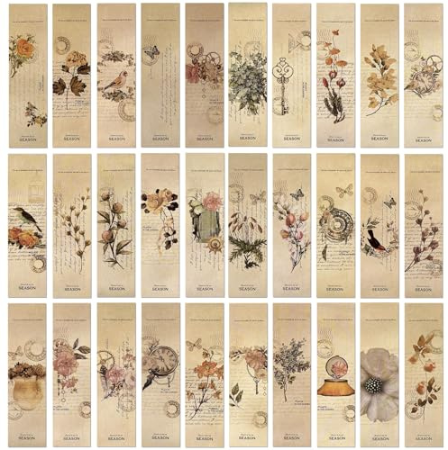 KSIWRE 30PCS Vintage Paper Bookmarks,Retro Natural Style Bookmark Set for Reading,Pretty Bookmarks for Men Teens Book Lovers