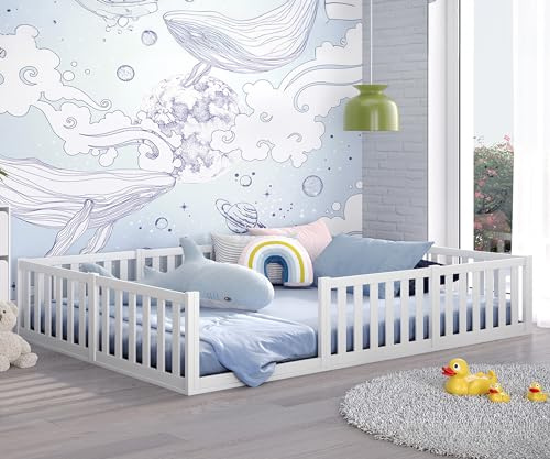 CADANI Teso Kinderbett 140x200 cm Montessori Bodenbett bis zu 200 kg belastbar mit Rausfallschutz inkl. Lattenrost, Kiefer Massivholz, weiß - 3 Aufbauvarianten