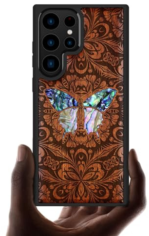 Carveit Designer Wooden Case for Samsung Galaxy S23 Ultra Case Cover [Wood Engraving & Shell Inlay] Compatible with Wireless Chargers S23 Ultra Case (Baroque Butterfly-Red Wood)