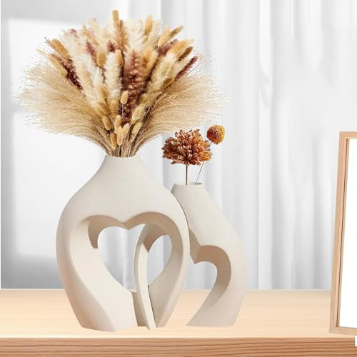 MUJUZE Vaso moderno in ceramica, colore beige opaco, bianco, set di 2, vasi, decorazione per soggiorno, camera da letto, casa, vaso per erba della pampa, decorazione moderna nordica, regalo di