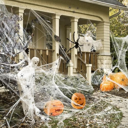 AMLOOPH Spinnennetz Halloween Deko Set - 120g Spinnweben Mit 40 Spinnen | Weiß Dehnbare Halloween Spinnennetz Dekoration & Plastik Spinnen für Outdoor Garten Deko, Innen Horror Party Dekoration