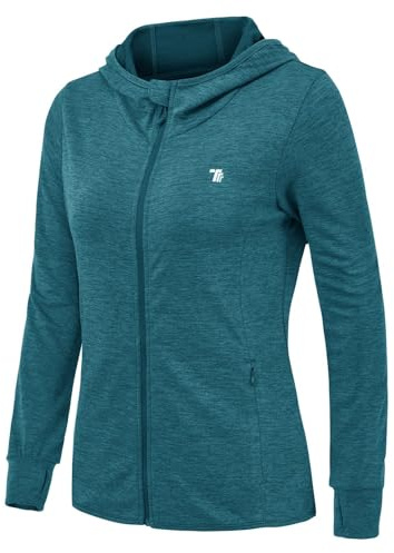 Rdruko Veste de course pour femme avec capuche UPF 50+ protection UV Hoodie entièrement zippée veste de sport légère pour le vélo manches longues pour la course à pied, le yoga, le fitness, bleu, M