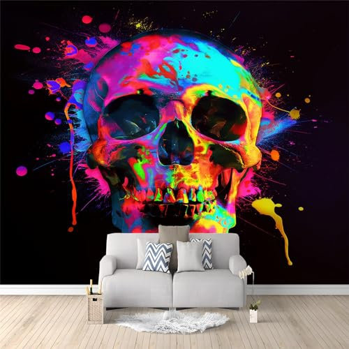 Black Wall Mural - 350 x 256 cm Skull Made of Neon Paint Splashes Photo Wallpaper for Boys' Bedroom, Living Room, Playroom, Nursery, Teen Room, Kids' Photo Mural Wall Art