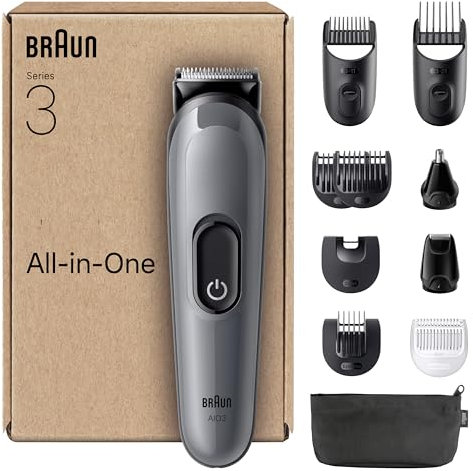 Braun Recortadora Todo En Uno Series 3 AIO3565, Kit De Styling 11en1 Para Barba y Pelo, 14 Longitudes, Máquina De Cortar Pelo Con Autonomía De 50 Min, Cortapelos Hombre, Recorte Fácil Y Rápido, Gris