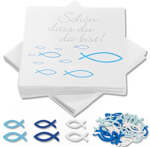 40 Servietten Kommunion & Konfirmation Set – Tischdeko mit 60 Stück Holz Fischen Streudeko – Schön, dass du da bist Servietten Taufe – Kommunion Deko Jungen & Mädchen Blau Weiß