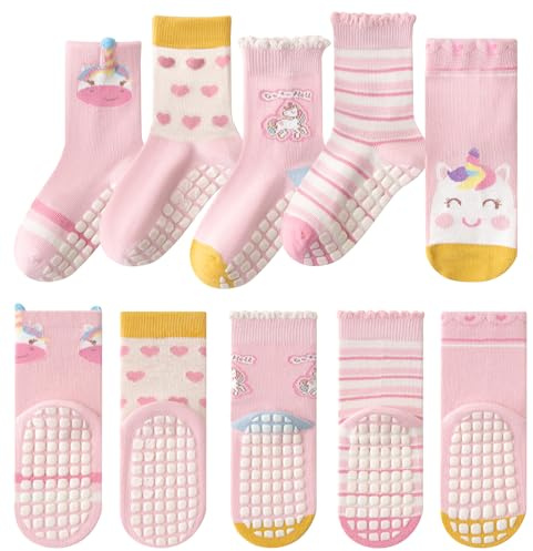 Baogaier Calcetines Antideslizantes Niña, 5 pares Algodón Primavera Rosa de Estampado Animal, Transpirable Cómodo Termicos Deportivos Calcetine, 6-8 años, 29-32