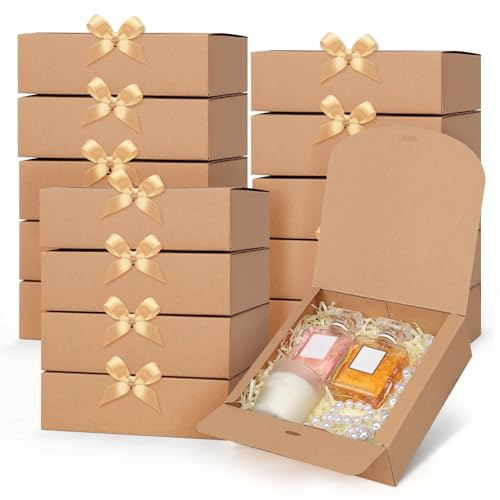 GXFCING 15 Pezzi Scatola Regalo Marrone, Confezione Regalo con Coperchio e Nastri Dorati, 16 x 16 x 5 cm Vuota Confezione Regalo Pieghevole per Matrimonio, Compleanni, San Valentino, Natale Feste