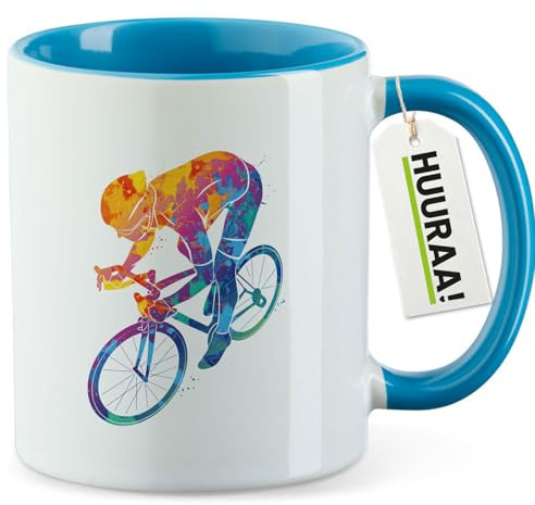 Huuraa Kaffeetasse Radsport bunte Silhouette Geschenk | Motivtasse 330ml Blau Keramik Tasse mit Spruch Kaffeebecher Geschenkidee Becher mit Motiv