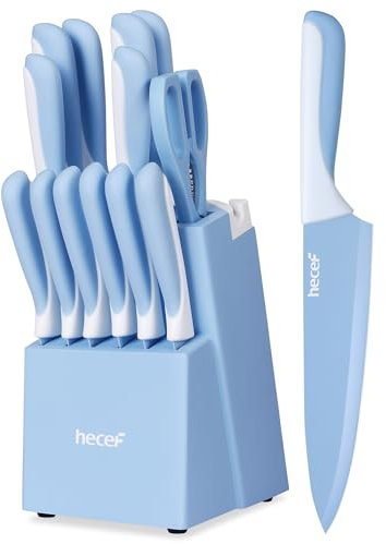 hecef 15-Piece Kitchen Knife Set with Self-Sharpening Wooden Block – High Carbon Stainless Steel, Blue Non-Stick Coating Blade, Includes Steak Knives & Scissors