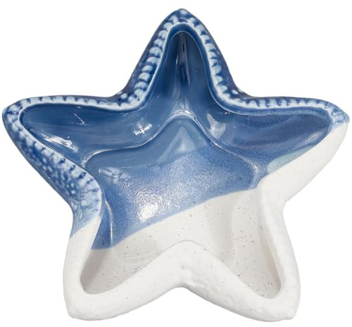 SUNNYCLUE Plato para Joyas con Forma de Estrella de Mar, Bandeja para Joyas Oceánica, Cerámica Blanca Y Azul, Ideal para Verano, Playa, Playa, Estrella de Mar, Llavero, Plato Decorativo para Exhibició