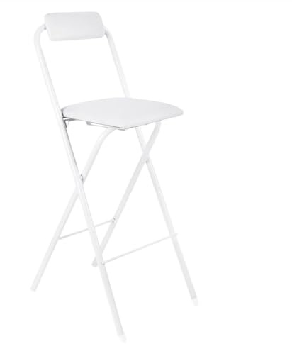 Sgabello da bar pieghevole portatile con schienale imbottito in finta pelle, seggiolone compatto, per uso interno/esterno, design salvaspazio bianco, 65 cm