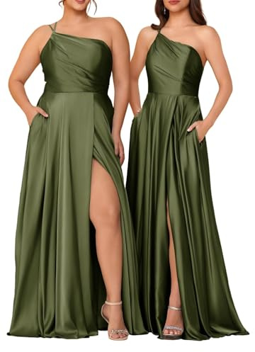HPPEE Vestido de dama de honor de un hombro para mujer, con bolsillos y abertura, sin mangas, de satén, vestido de graduación, verde oliva, 46