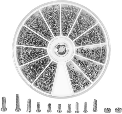 600-Piece Micro Screw and Nut Assortment Kit - M1 M1.2 M1.4 M1.6 Stainless Steel Flat Head Screws, Nuts & Rivets for Eyeglasses, Sunglasses, Watches, and Electronics Repair (12 Sizes in Organizer Box)