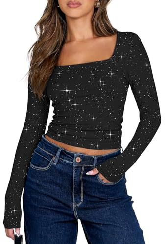 YUTILA Damen Glitzer Oberteile Kurz– Cropped Eckigem Ausschnitt Party Tops, Langarm Slim Fit Stretch Festliches Shirt Outfit