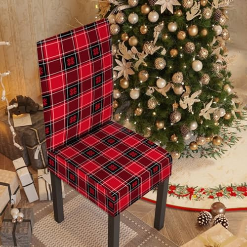 DOTBUY-SHOP Stuhlhussen Weihnachten Klassisches Rot 2/4/6/8er Set Stretch Stuhlbezug Stuhlhussen für Esszimmerstühle Waschbarer Hussen für Stühle für Stuhldekoration Restaurant (Kariert,6er Set)