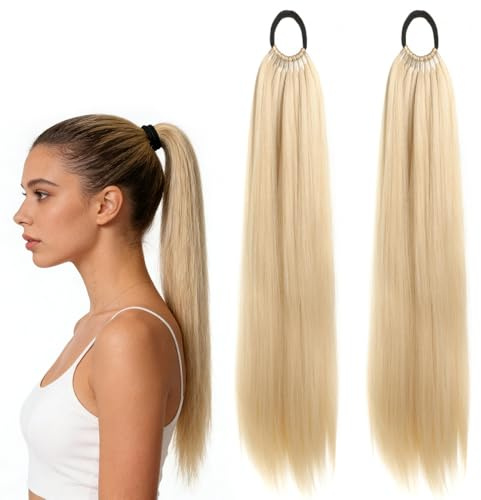 Ponytail Extension Blond, 2 Stück Zopf Extension Blond Lang 60 cm, Synthetik Haarverlängerung Pferdeschwanz, Natürliches Glatte Haarverlängerung Zopf für Damen und Mädchen Täglicher Gebrauch