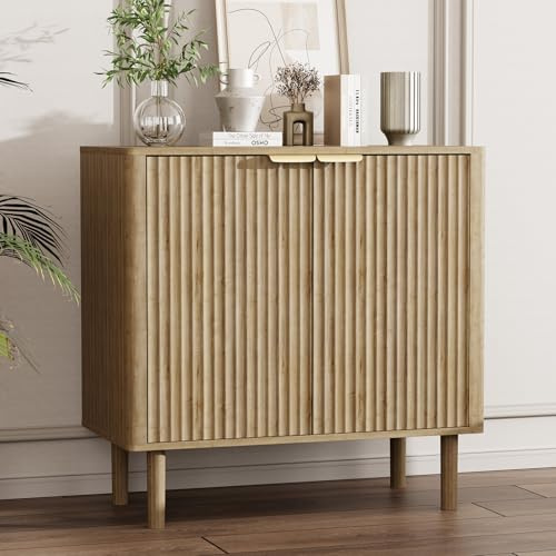 IKALIFE Sideboard Buffet Cabinet with Storage, Modern Fluted Accent Credenza with Doors & Adjustable Shelves, Wood Coffee Bar Console Table for Living Room, Dining Room, Kitchen or Entryway 31.5 Oak