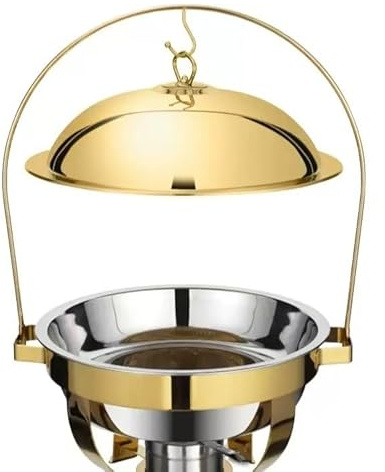 Rundes Chafing-Dish-Buffet-Set aus Edelstahl mit Glasdeckel und Halter, Buffet-Wärmer-Sets, Warmhaltetablett(Gold,4.5L)