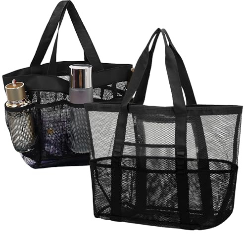 Eniyou 2 Piezas Bolsa Playa Rejilla,Bolsa Rejilla Playa,Bolsa Red Playa Malla,Drenante Y Repelente De Arena Resistente La Abrasión Transpirable Múltiples Bolsillos Plegable Fácil De Transportar