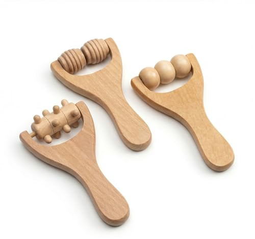 Amexo 3 st handrollersmassage, trä, massagerullar, muskelrullar, ryggmassagerullar, handrullar, triggerpunkt, massage, muskelfrisättning för hela kroppen och mjuk vävnadsmassage (B)