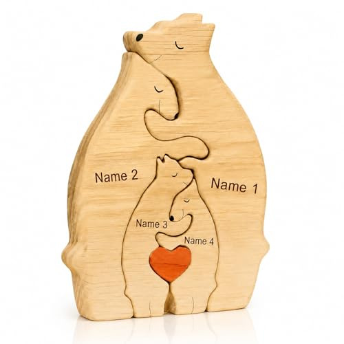 Holzkpuzzle der Bärenfamilie mit 4 Namen, Familienpuzzle Holzfiguren | Familien Figur Holz, Familie Geschenk Puzzle für Mum Kinder, Bär Figuren Deko für Wohnzimmer Bücherregal Tischdekorationn