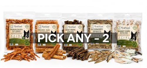 Pawlicious 2kg Dog Treats Box – Choose Any 2 from 5 1Kg treats | Natural Dog Variety Treats Box, Healthy Grain Free Dog Snacks, Rabbit Ears, Chicken Feet, Beef Trachea, Beef Tripe & Sprats
