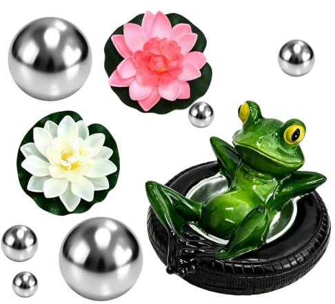 TAIANJI Teichdeko Miniteich Set, Schwimmfrosch mit 6 Schwimmkugeln (25/30/75 mm) und 2 Seerosen Künstlich für Garten Teich Deko