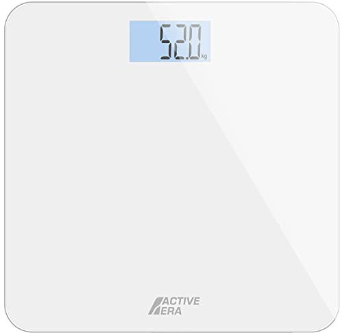 Active Era Ultraschlanke Digitale Personenwaage mit präziser Messgenauigkeit und Step-On Technologie - Waage aus Sicherheitsglas und mit großer LCD Anzeige - Weiß
