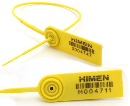 HIMEN 100 Plomben aus Kunststoff mit Metalleinsatz – Sicherheitsplomben fortlaufend nummeriert mit Barcode, Länge 330 mm, Modell MPS-330C, gelb