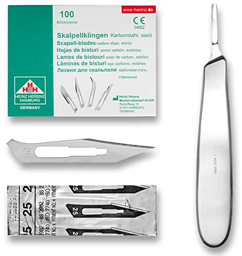 Lot de 100 lames de scalpel en acier carbone - Lames de rechange emballées individuellement stériles + 1 support de scalpel - Acier inoxydable