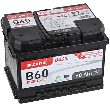 Accurat Basic B60 Autobatterie - 12V, 60Ah, 530A, zyklenfest, wartungsfrei, 30% mehr Startleistung, Ca-Technologie, Pluspol rechts- Starterbatterie, Nassbatterie, Blei-Säure Batterie